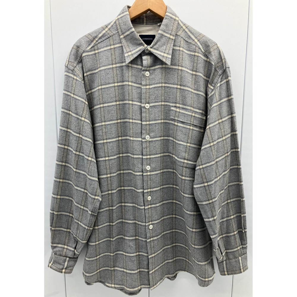 Lorenzini Shirt Mens XL Gray Plaid Brushed Cotton Made‎ in Italy Long Sleeve